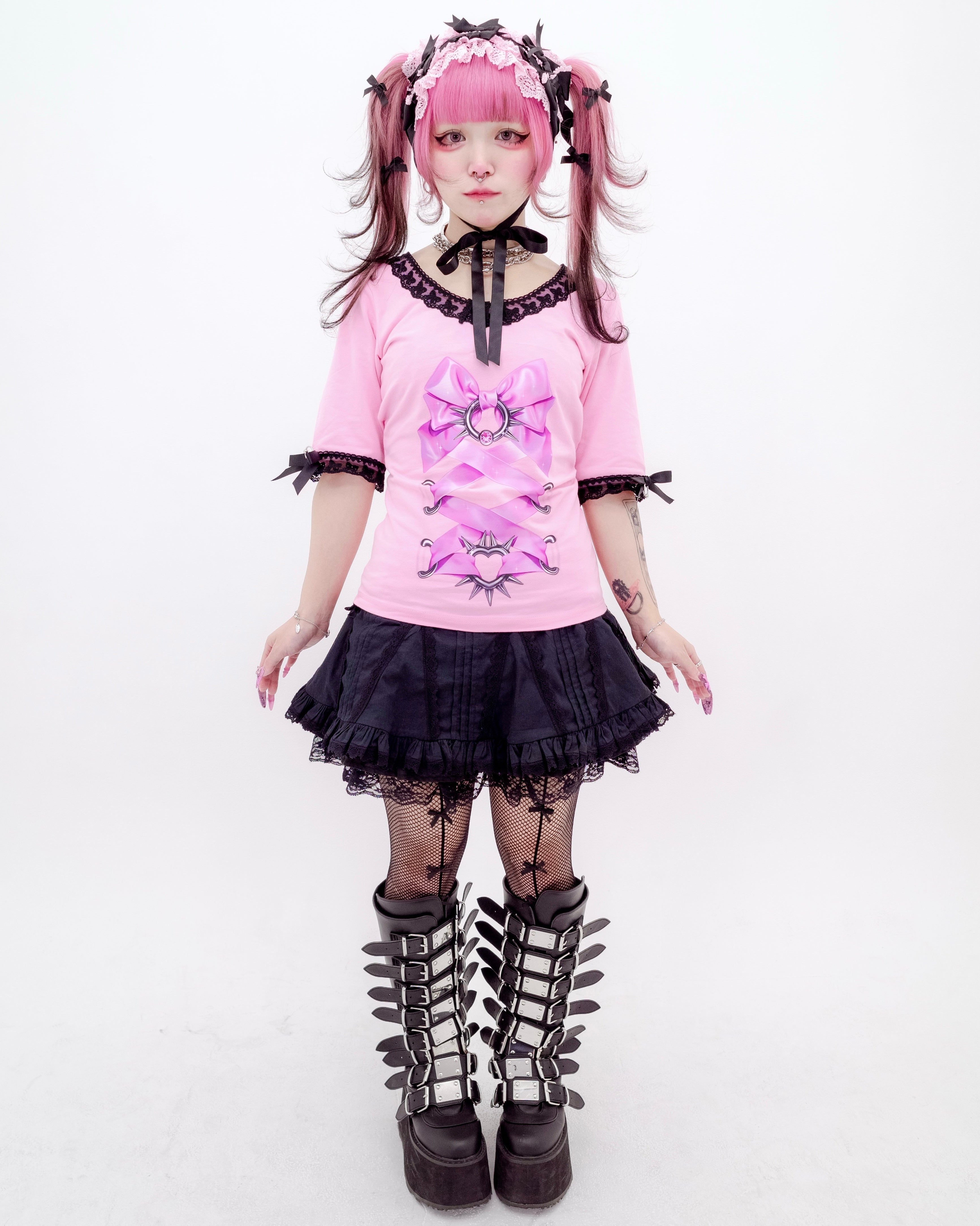 スリムフィット リボン「コルセット」シャツ ♡ ピンク